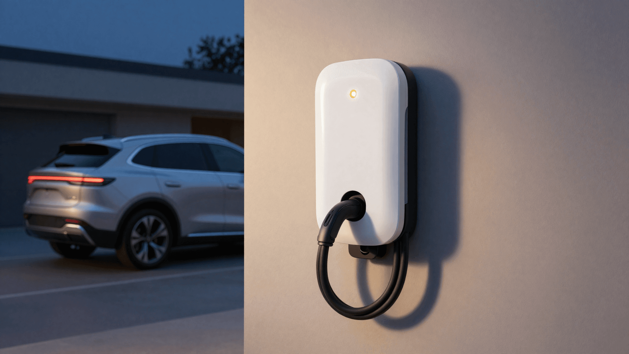 Electric vehicle plugged into a wall-mounted Level 2 home EV charger in a garage at dusk