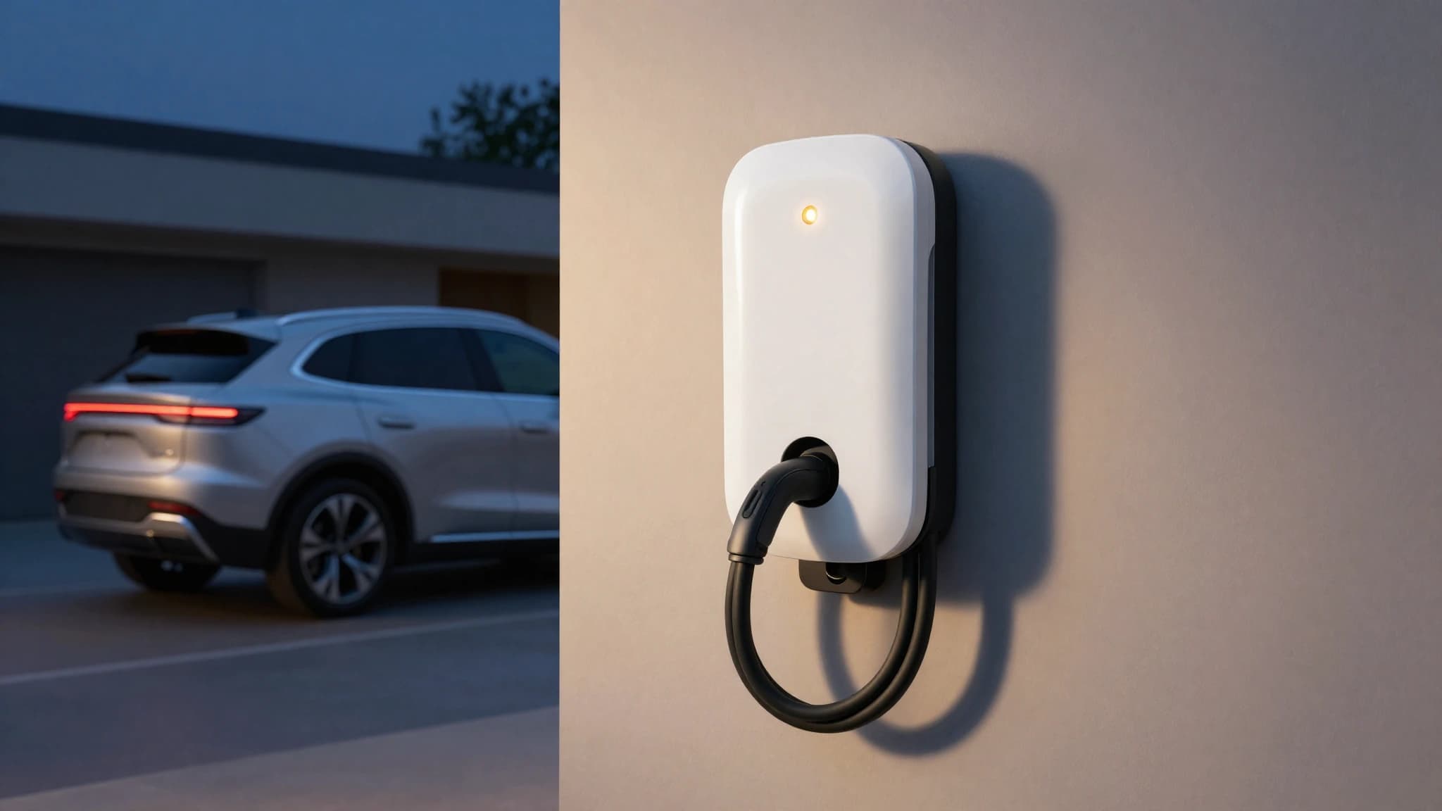 Electric vehicle plugged into a wall-mounted Level 2 home EV charger in a garage at dusk