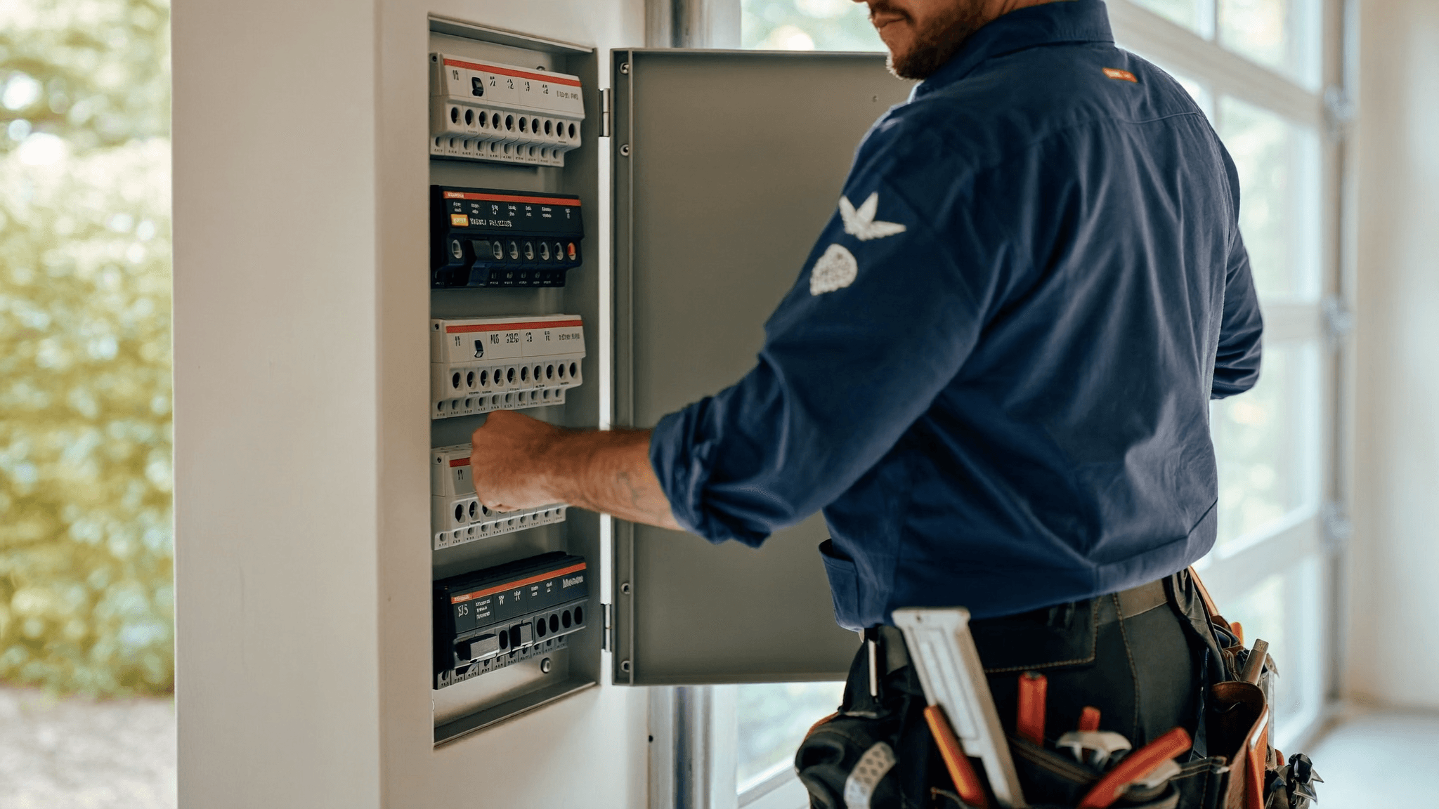 Licensed electrician installing a new 200-amp residential electrical panel with neatly labeled breakers