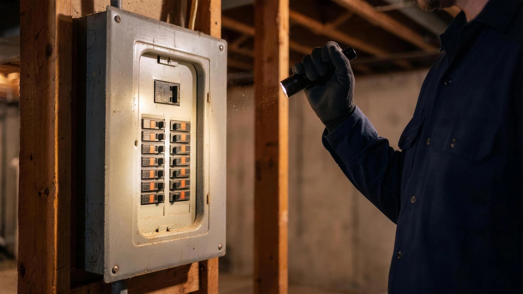 Aged gray residential electrical breaker panel with its door open on a basement wall, an electrician's flashlight illuminating two rows of vintage circuit breakers