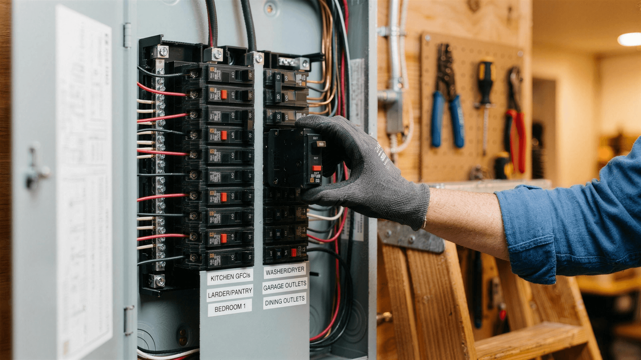 Close-up of a residential electrical panel with GFCI and AFCI circuit breakers, each showing its own test button