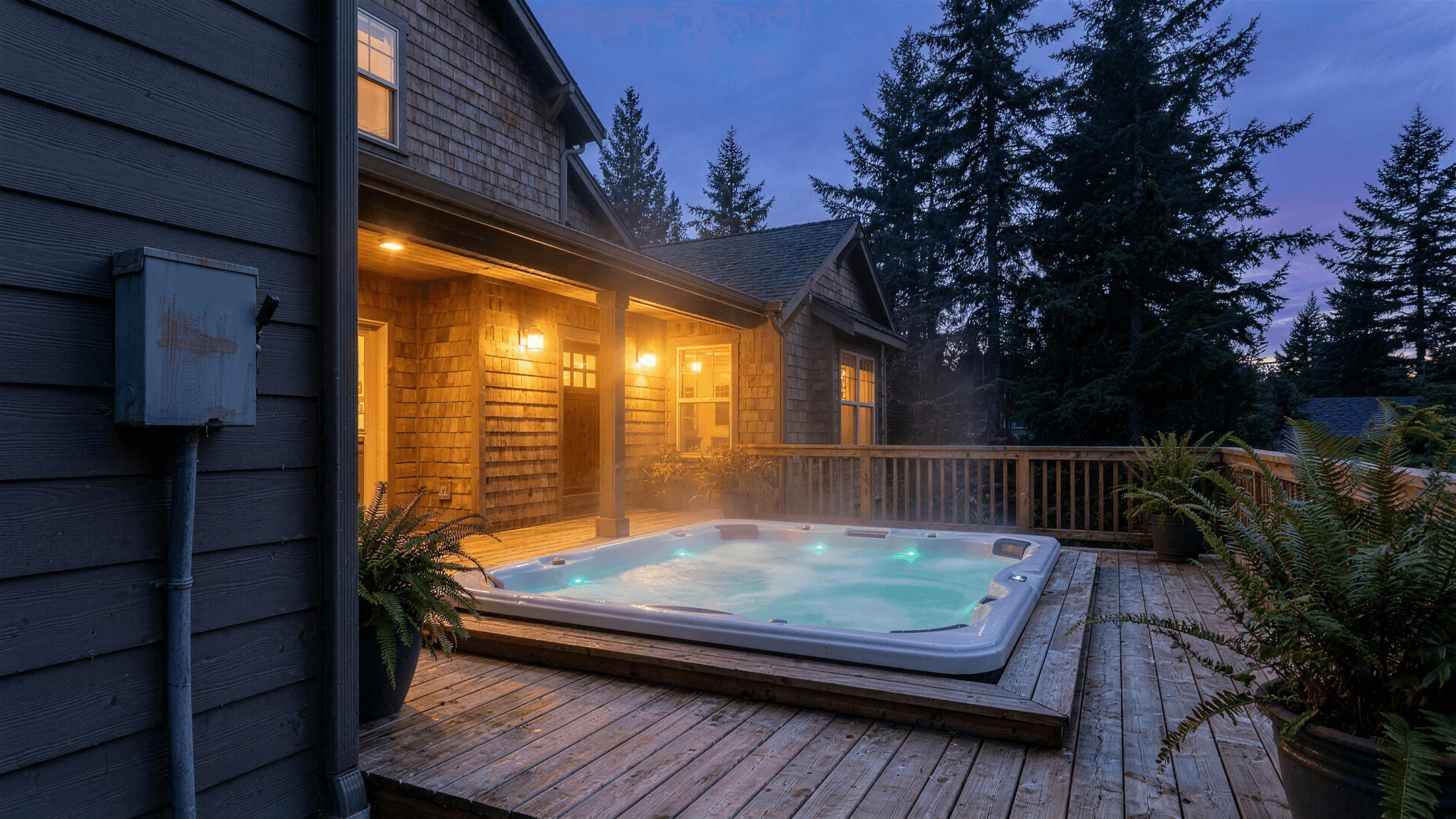 Outdoor hot tub on a cedar deck behind a Pacific Northwest home at dusk with a weatherproof electrical disconnect box and conduit on the wall nearby