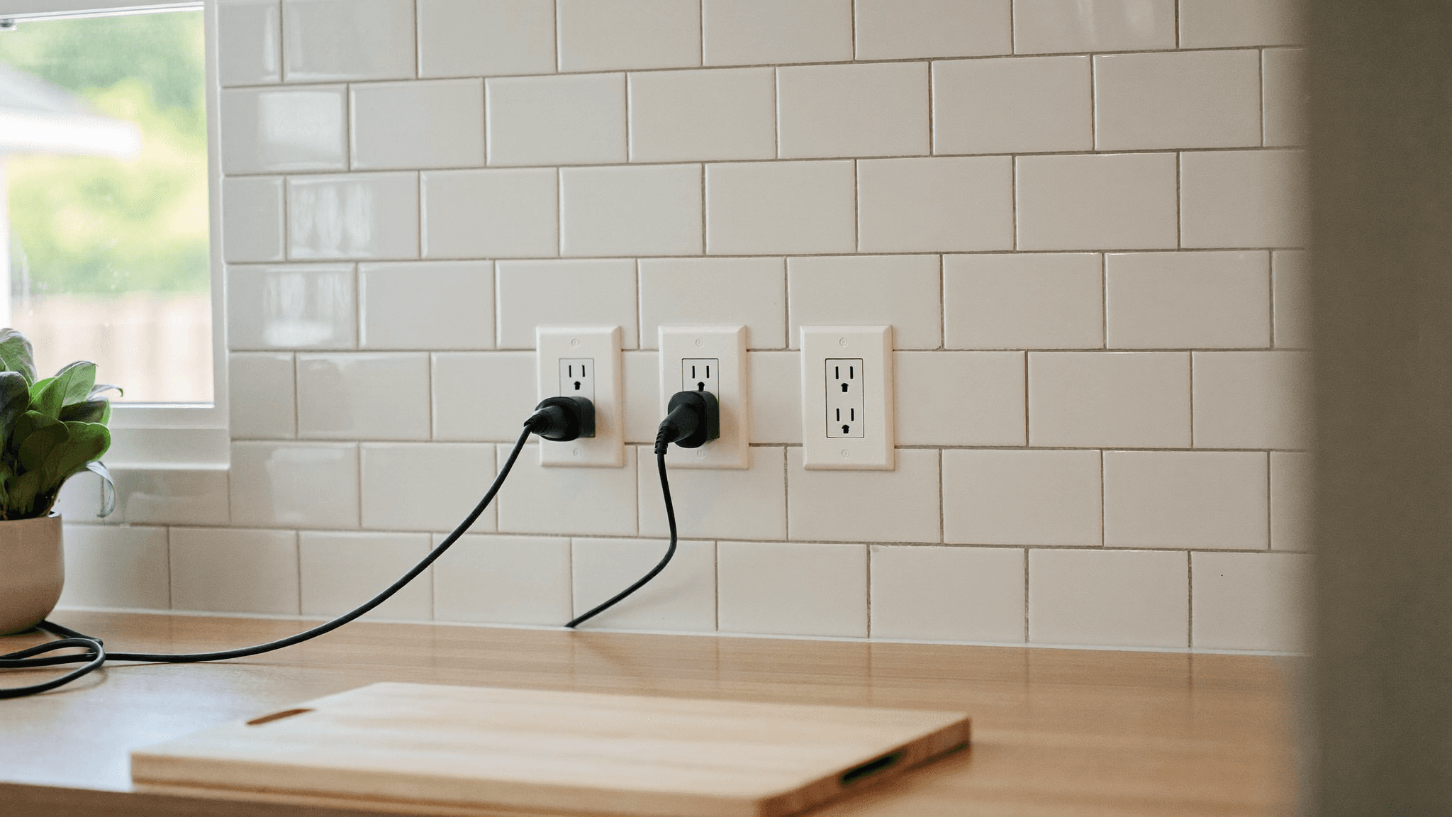 Modern kitchen with several white duplex electrical outlets spaced along a subway tile backsplash above a wooden countertop, with small appliances plugged in