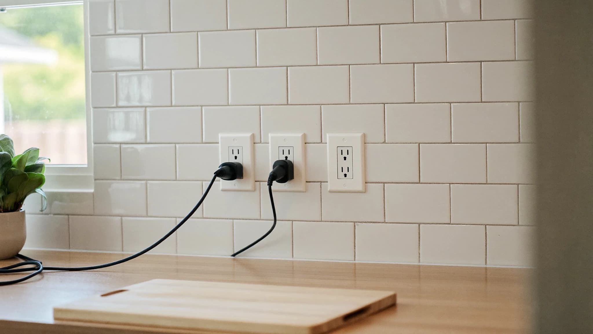 Modern kitchen with several white duplex electrical outlets spaced along a subway tile backsplash above a wooden countertop, with small appliances plugged in