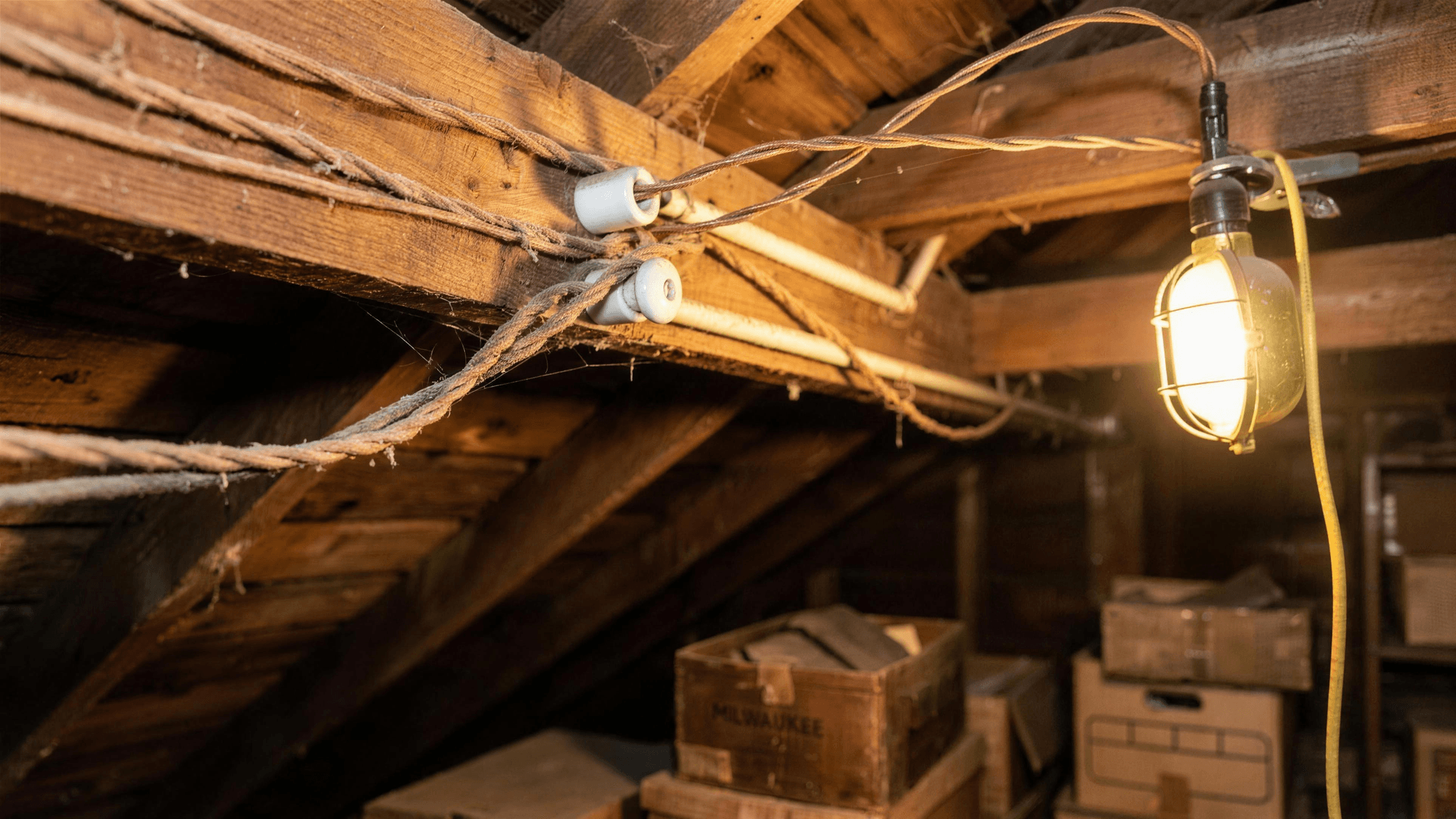 Vintage knob-and-tube wiring with cloth-insulated conductors running through ceramic knobs along wooden attic joists