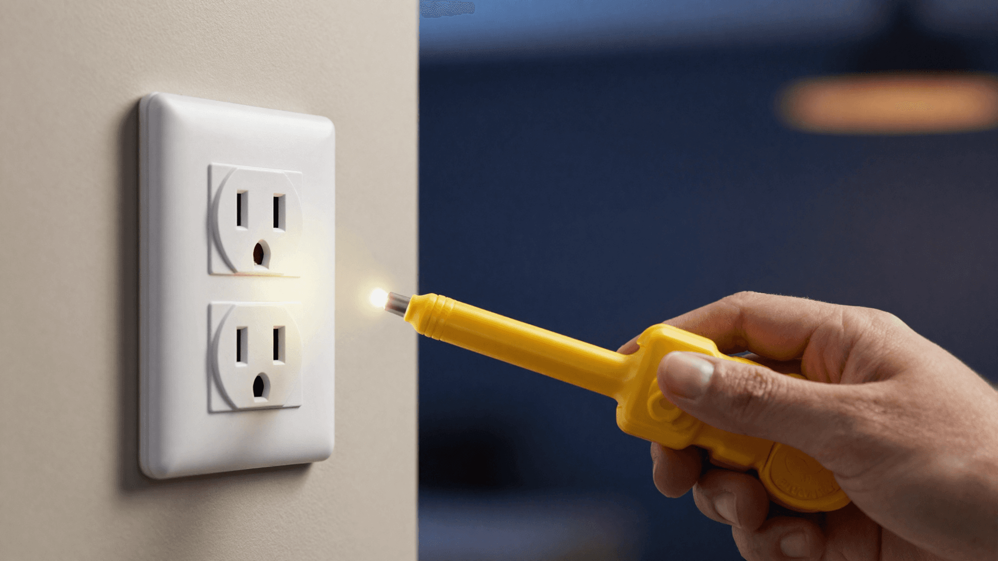Testing a dead wall outlet with a yellow non-contact voltage tester