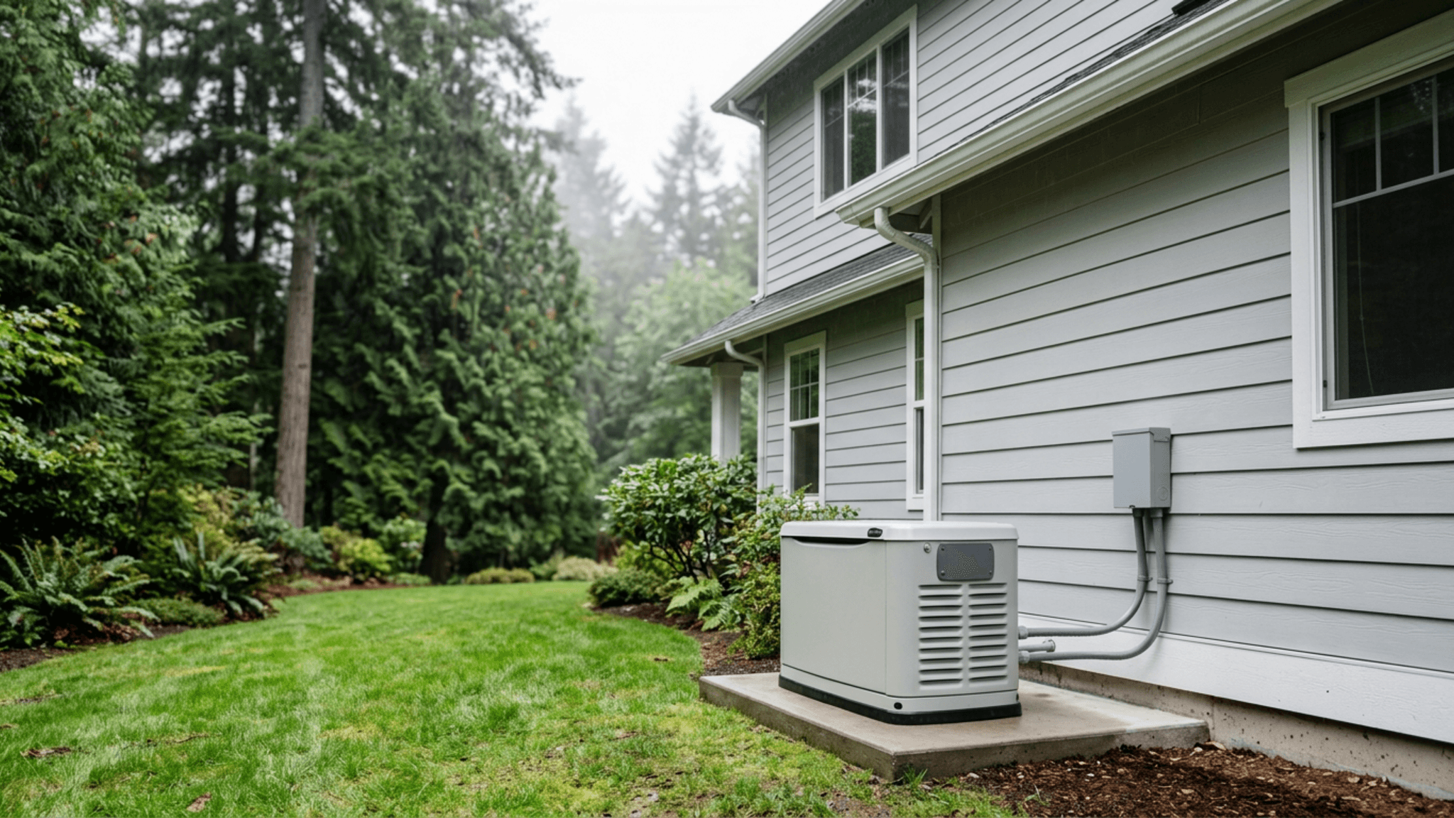 Whole-house standby backup generator on a concrete pad beside a Pacific Northwest home with evergreen trees in the background