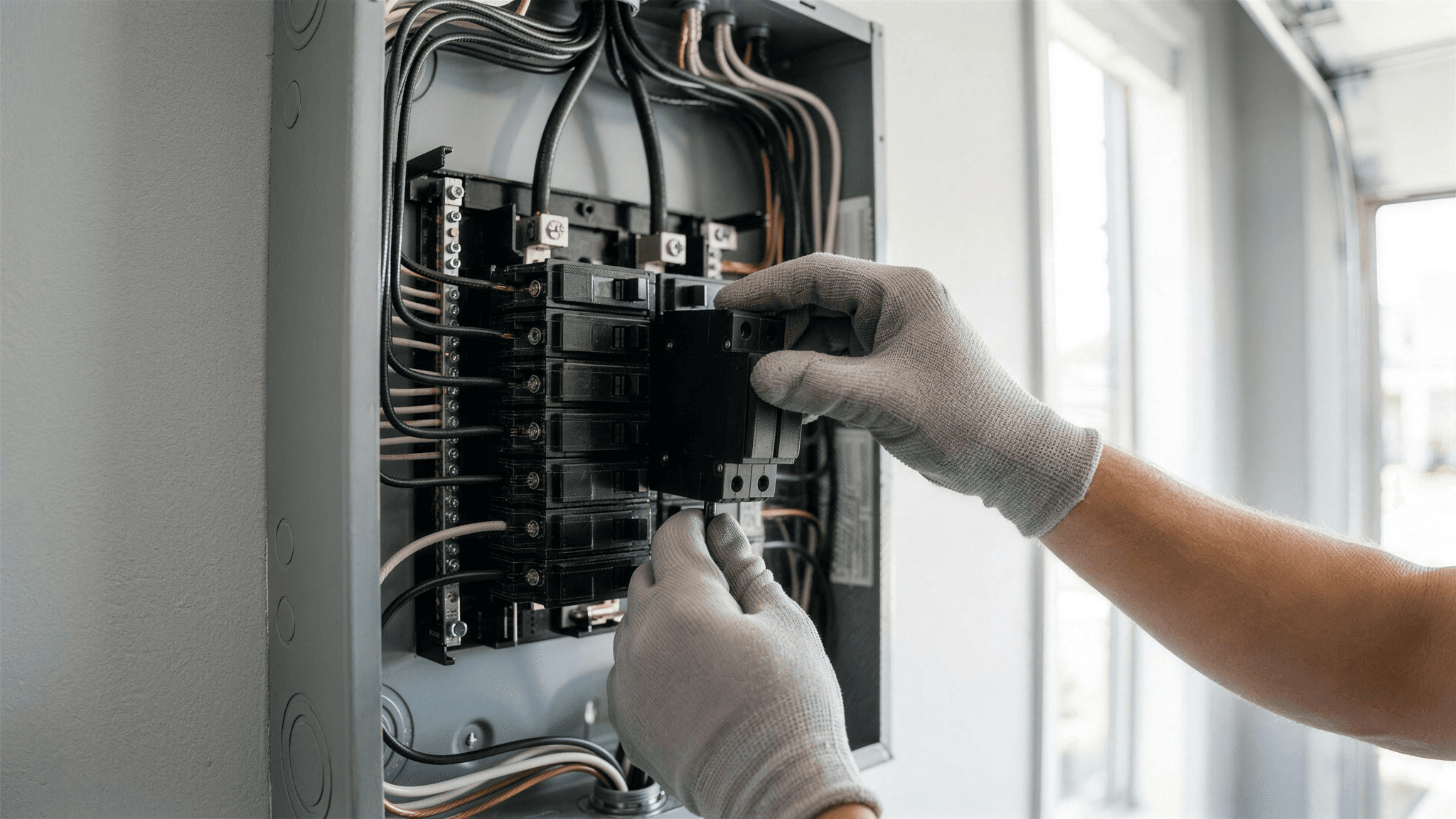 Electrician's gloved hand installing a breaker-style surge protective device in an open residential electrical panel