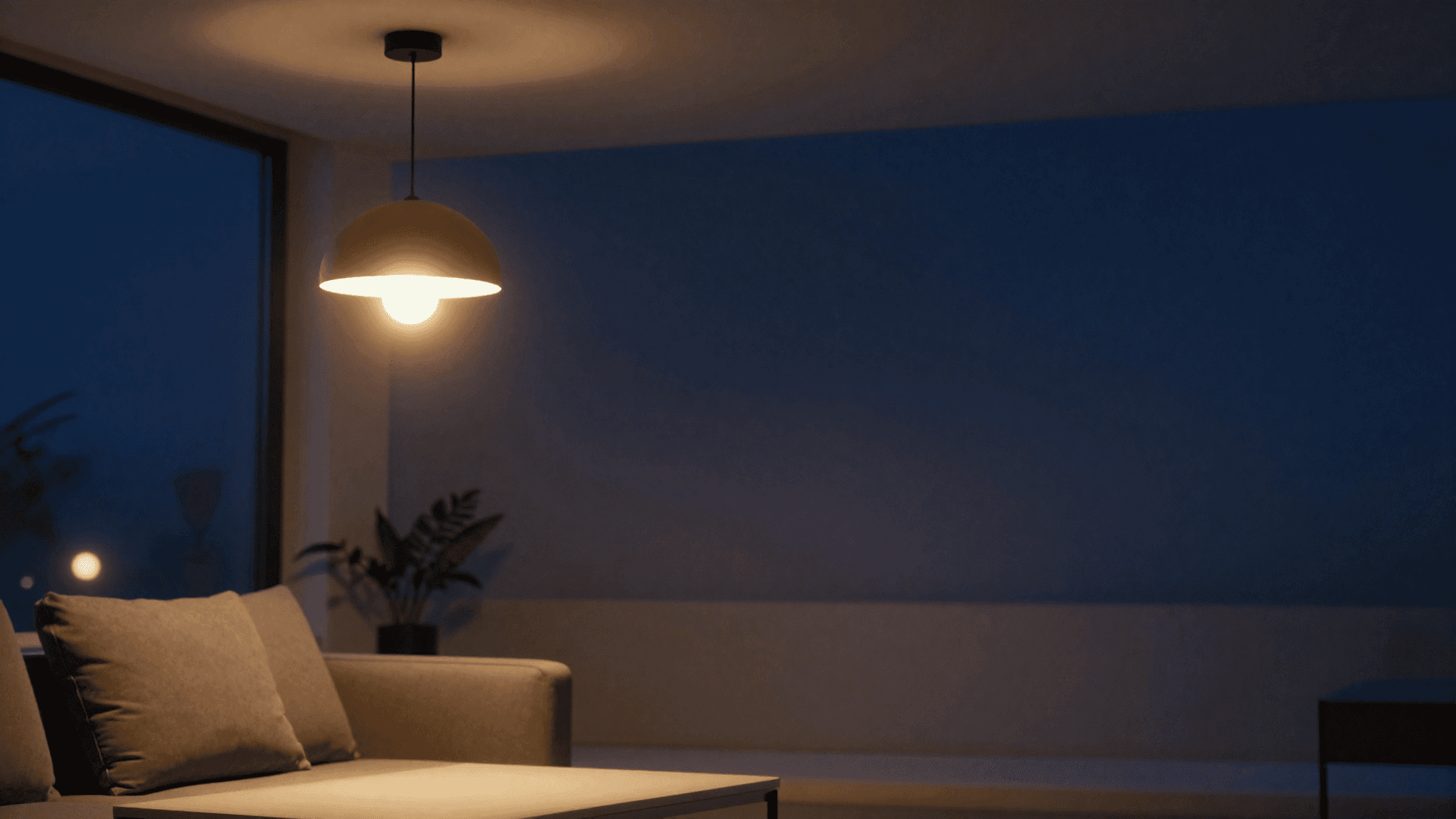 Modern living room pendant light glowing warmly against a dark evening interior