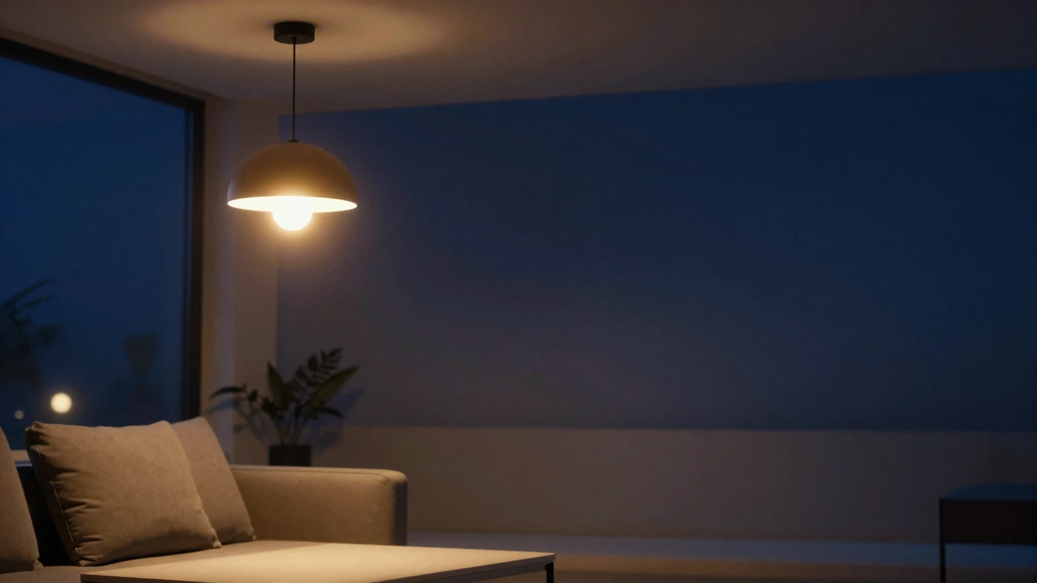 Modern living room pendant light glowing warmly against a dark evening interior