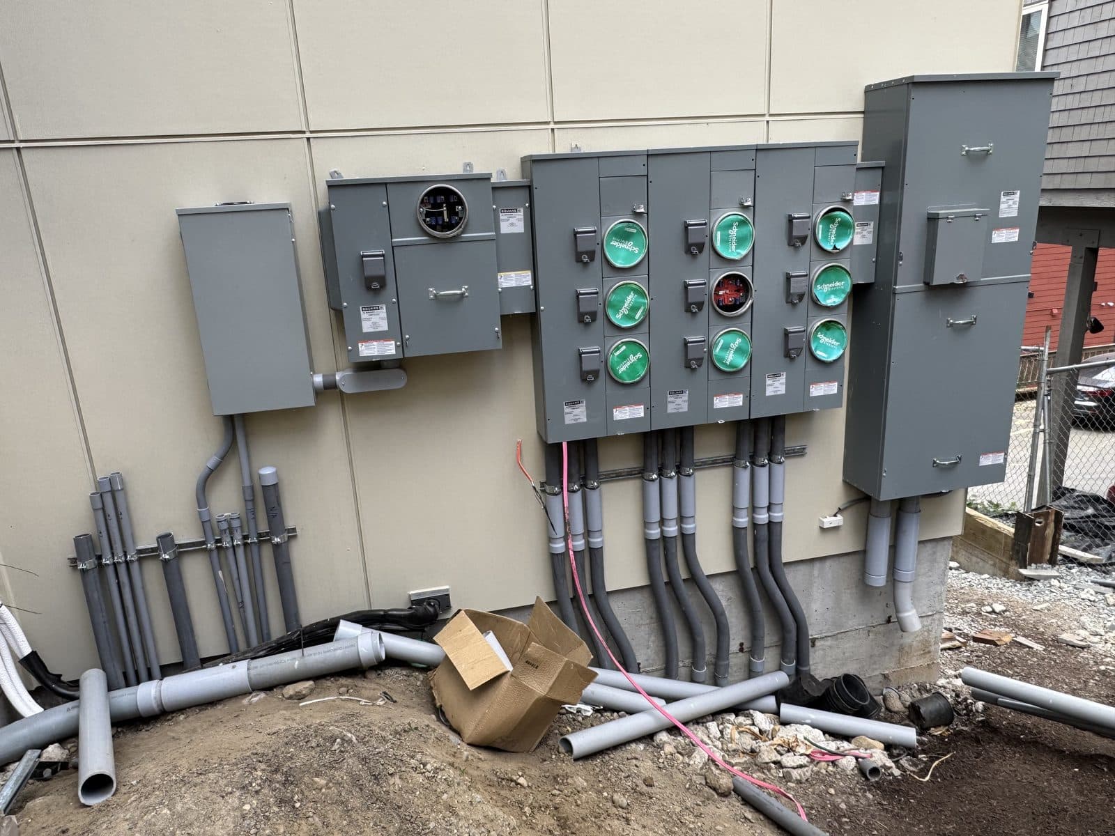 Multi-meter electrical service bank on a new construction building