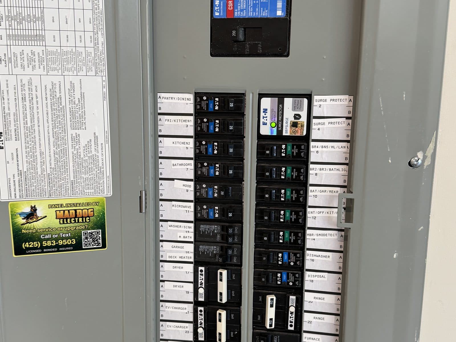 Upgraded electrical panel with every breaker labeled and a Mad Dog Electric sticker